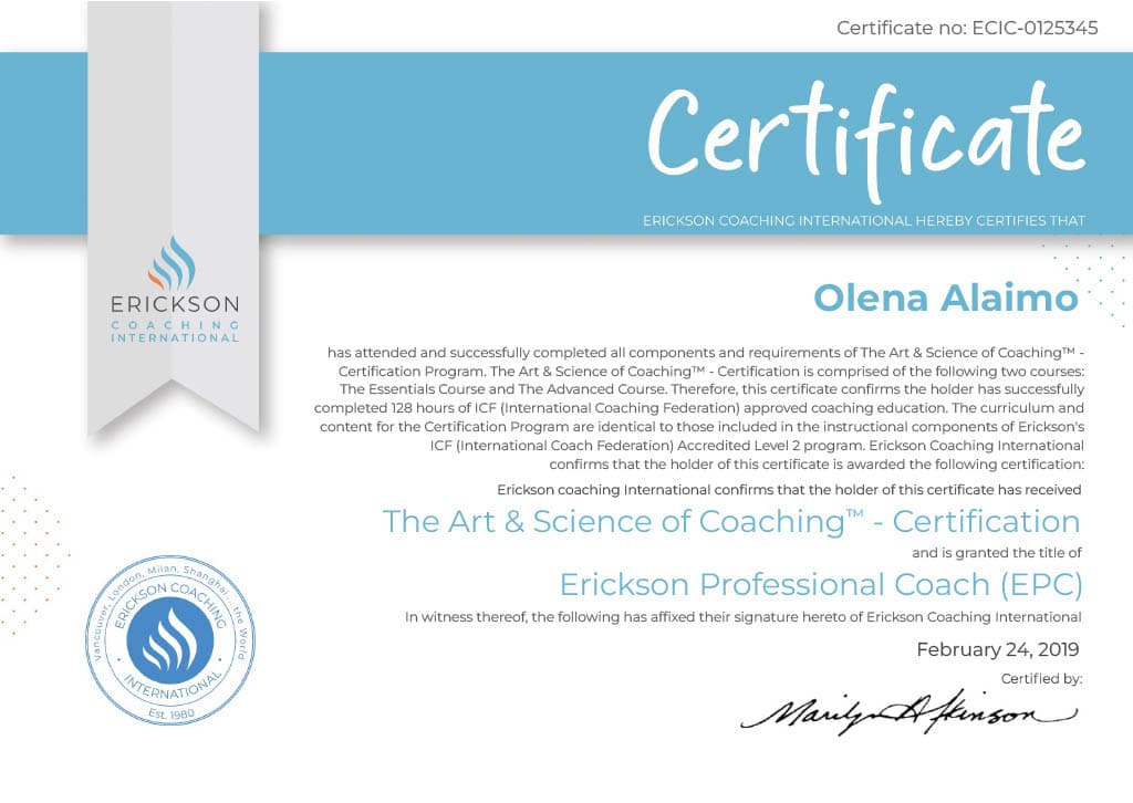 Erickson Professional Coach, сертифікат Олени Алаймо